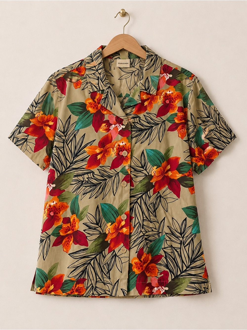 Vintage White Stag Tropical Floral Rayon Camp Shirt XL Vallejo Tan Hawaiian